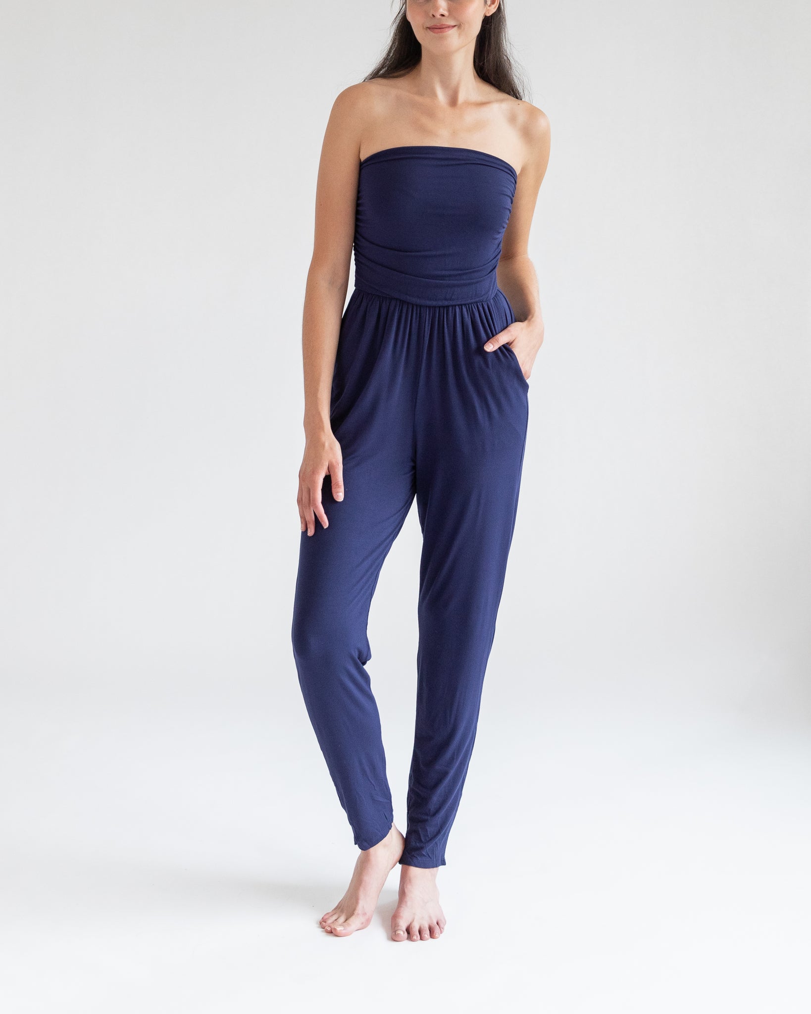 Navy Strapless Jumpsuit With Pockets