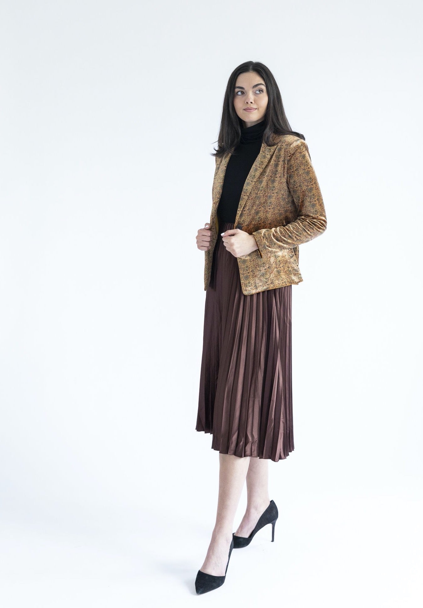 Brown Satin Pleated Midi Skirt