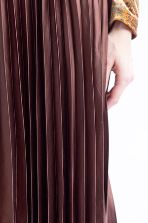 Rich Brown Satin Pleated Midi Skirt