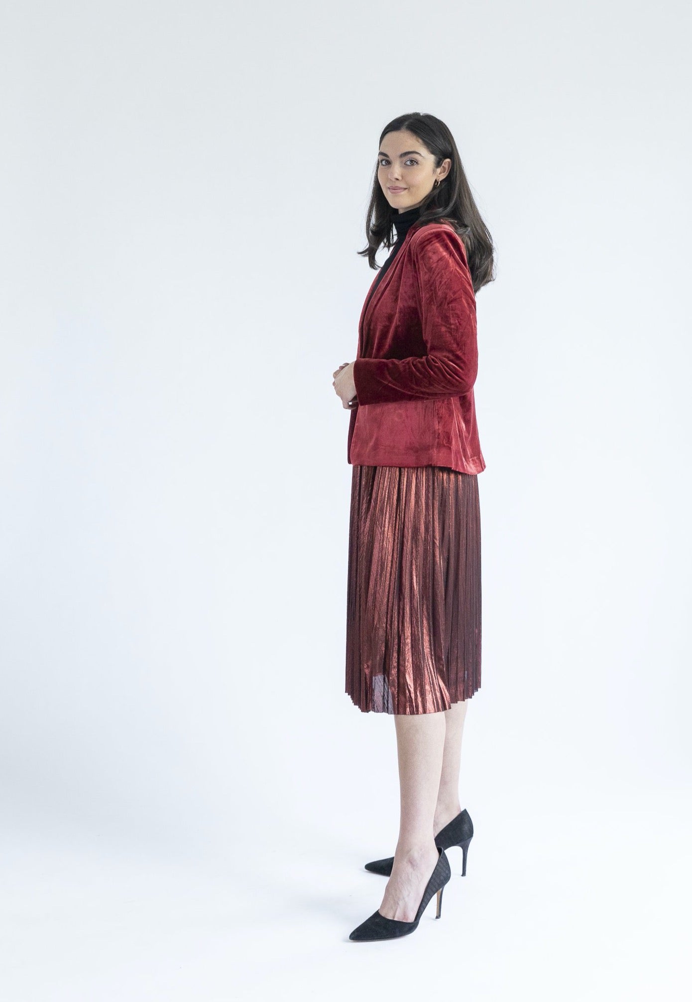 Shimmering Dark Red Pleated Midi Skirt