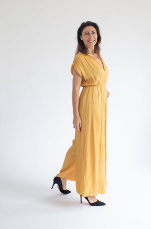 V-neck wrap front jumpsuit (in yellow or pink)