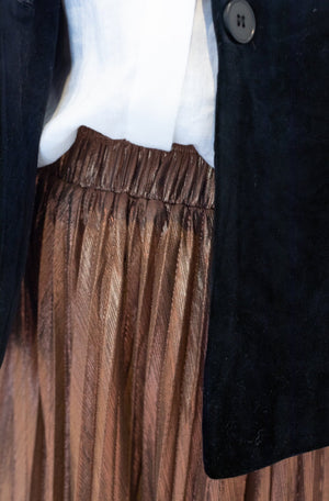 shiny dark brown pleated midi skirt 